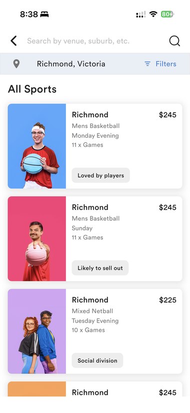 Leagues search screen in the Just Play app